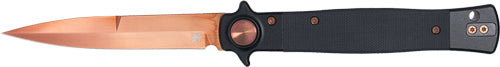 Cobratec Stiletto 4" Rose Gold Blade Black G-10 Button Lock