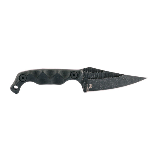 Stroup Knives Mini 1, Fixed Blade Knife, 3" Clip Point Blade, 1095 High Carbon Steel, 6.75" Overall Length, Acid Etched Finish, Black, G10 Handle, Includes Sheath
