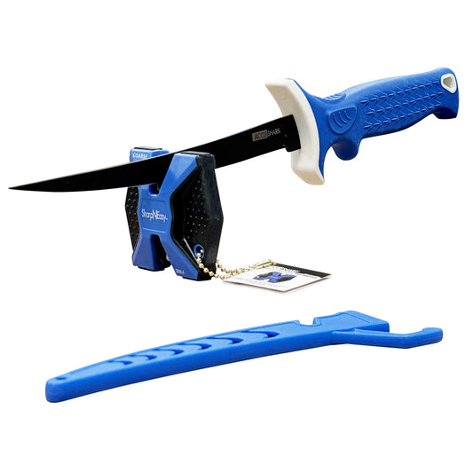 AccuSharp Fillet Knife, Fixed Blade Knife, Blue Non-Slip Grip, Plain Edge, 6.5" Stainless Steel Blade, Satin Finish, Protective Sheath, Includes AccuSharp Ceramic Knife Sharpener