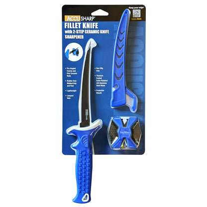 AccuSharp Fillet Knife, Fixed Blade Knife, Blue Non-Slip Grip, Plain Edge, 6.5" Stainless Steel Blade, Satin Finish, Protective Sheath, Includes AccuSharp Ceramic Knife Sharpener