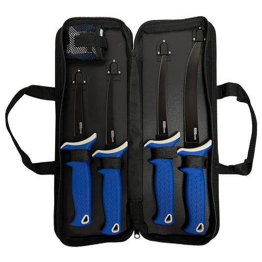 AccuSharp 6-Piece Fillet Knife Kit with Sharpener, Fixed Blade Knives, Blue Non-Slip Grip, Plain Edge, 4.75"-8" Stainless Steel Blades, Satin Finish, Nylon Carry Case