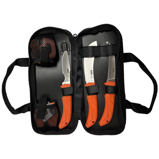 AccuSharp 6-Piece Game Processing Kit, Fixed Blade Knives, Orange Non-Slip Grip, Plain Edge, Stainless Steel Blades, Includes Nylon Carry Case