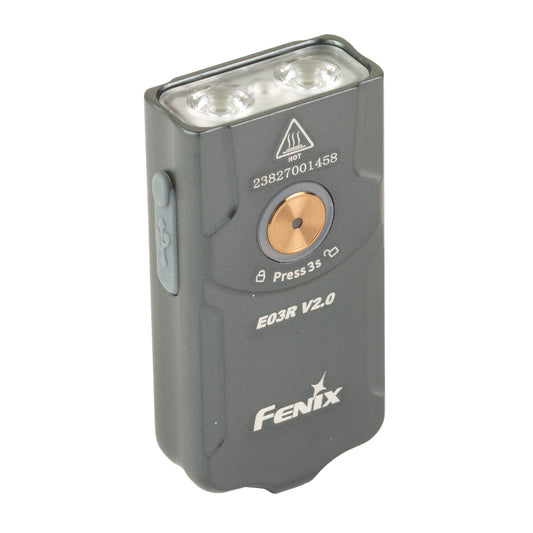 FENIX E03R V2, Flashlight, White and Red LED, 500 Lumens, 2.07" Long, Anodized Finish, Gray, Built-in 400 mAh Battery, Includes USB Type-C Charging Cable