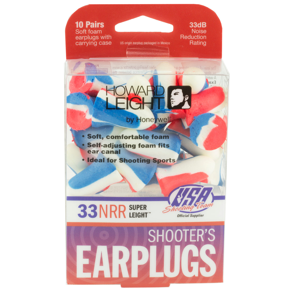 Howard Leight Super Leight Ear Plugs, Foam, NRR 33, Uncorded, Red/White/Blue, 10 Pair