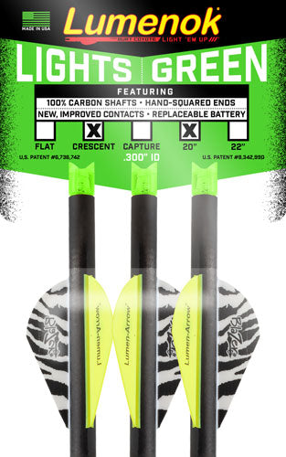 Lumenok Xbow Arrow 20" Carbon GRN Lighted Crescent Nock 3PK