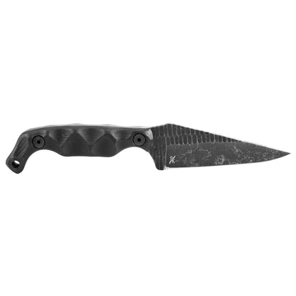 Stroup Knives BRAVO 5, Fixed Blade Knife, 3.5" Clip Point Blade, 1095 High Carbon Steel, 7.75" Overall Length, Acid Etched Finish, Black, G10 Handle, Includes Sheath