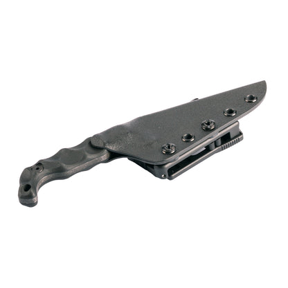 Stroup Knives BRAVO 5, Fixed Blade Knife, 3.5" Clip Point Blade, 1095 High Carbon Steel, 7.75" Overall Length, Acid Etched Finish, Black, G10 Handle, Includes Sheath