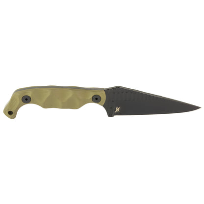 Stroup Knives Bravo 5, Fixed Blade Knife, 3.5" Wharncliffe Blade, 7.75" Overall Length, 1095 High Carbon Blade Steel, Plain Edge, Acid Etched Finish, Black, Olive Drab Green G10 Handle, Includes Kydex