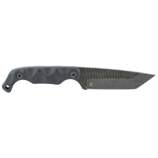 Stroup Knives BRAVO 5, Fixed Blade Knife, 3.5" Tanto Blade, 1095 High Carbon Steel, 7.75" Overall Length, Acid Etched Finish, Black, G10 Handle, Includes Sheath