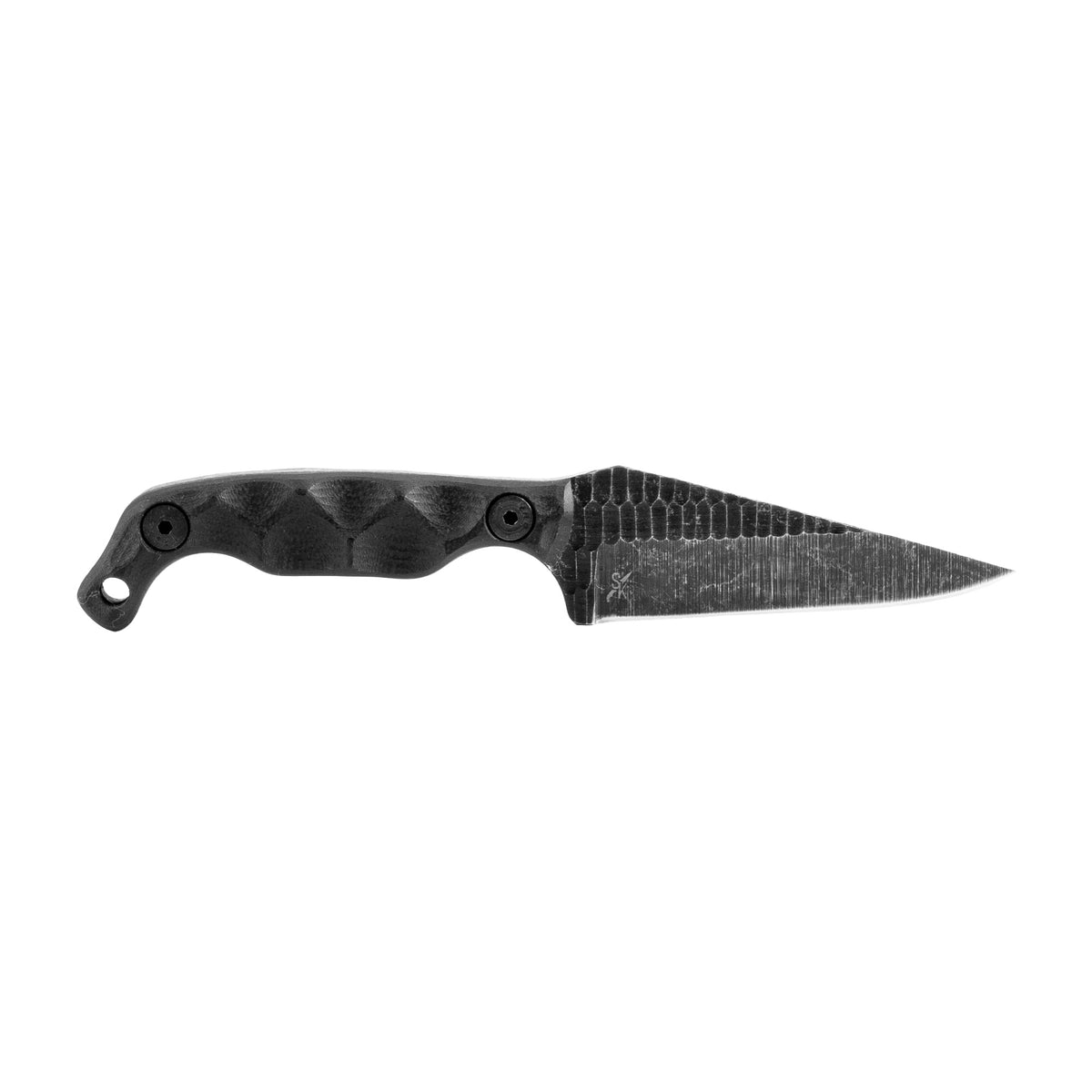 Stroup Knives Mini, Fixed Blade Knife, 3" Clip Point Blade, 1095 High Carbon Steel, 6.75" Overall Length, Acid Etched Finish, Black, G10 Handle, Includes Sheath