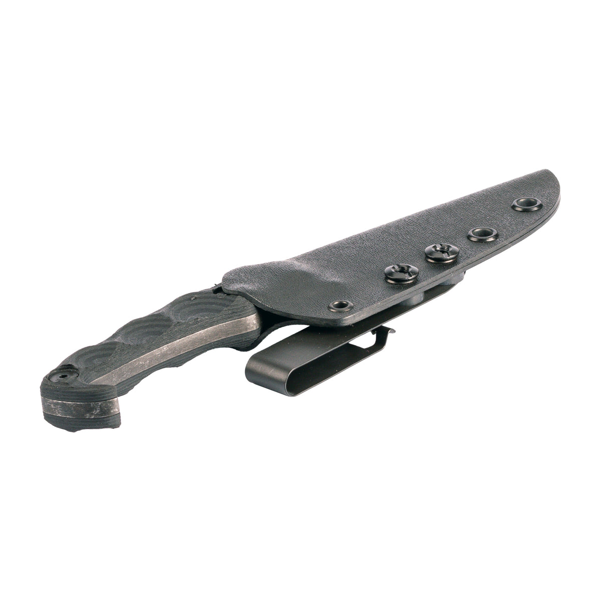 Stroup Knives MK2, Fixed Blade Knife, 4" Clip Point Blade, 1095 High Carbon Steel, 8" Overall Length, Acid Etched Finish, Black, G10 Handle, Includes Sheath
