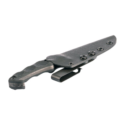 Stroup Knives MK2, Fixed Blade Knife, 4" Clip Point Blade, 1095 High Carbon Steel, 8" Overall Length, Acid Etched Finish, Black, G10 Handle, Includes Sheath