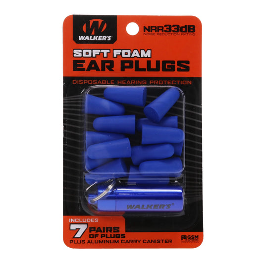 Walker's Ear Plug, Foam, 7 Pairs, Blue, Includes Case