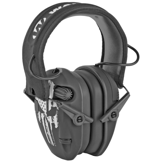 Walker's Razor, Freedom Slim Electronic Earmuff, Punisher Flag Logo, Two Hi-Gain Omnidirectional Microphones, Low Noise/Frequency Tuned for Natural Sound Clarity, Hi-Def Sound Output w/ Audio Input Ja