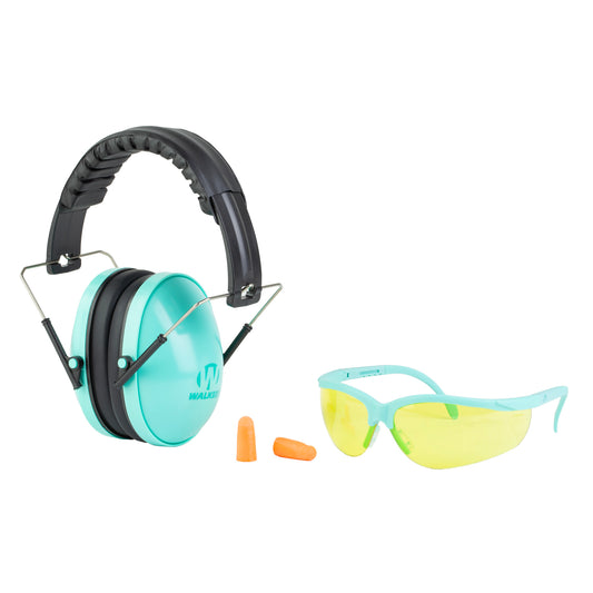 Walker's Womens Folding Muff, Earmuff, Ideal for Smaller Head Size, Teal, Includes Ear Plugs and Sport Glasses