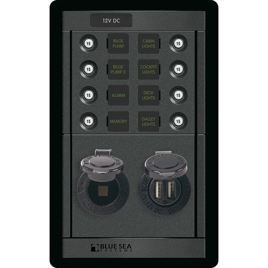 Blue Sea 1498 - 360 Panel - 8 Position 12V Panel w/Dual USB &amp; 12V Socket